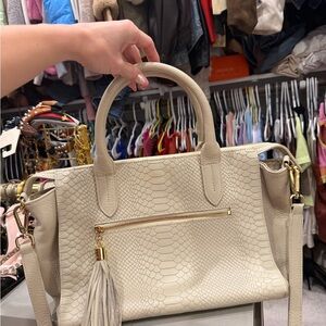 Gigi New York Taupe Cream Textured Leather Tote Bag with Tassel